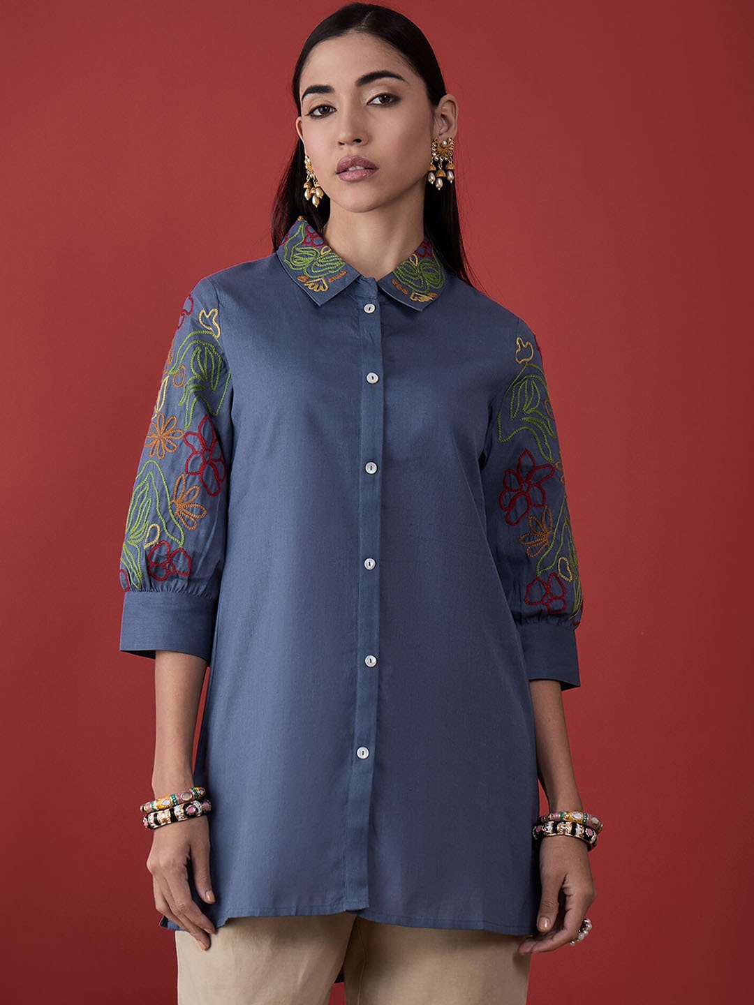 

Anouk Blue Shirt Collar Embroidered Cotton Tunic