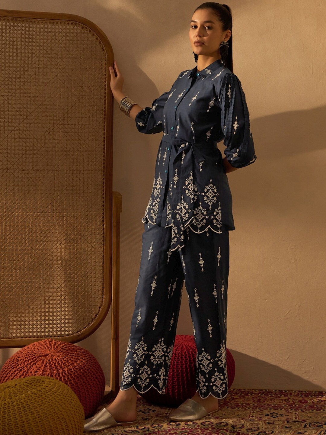 

Anouk Blue Floral Embroidered Thread Work Bishop Sleeves Pure Cotton Shirt With Trousers