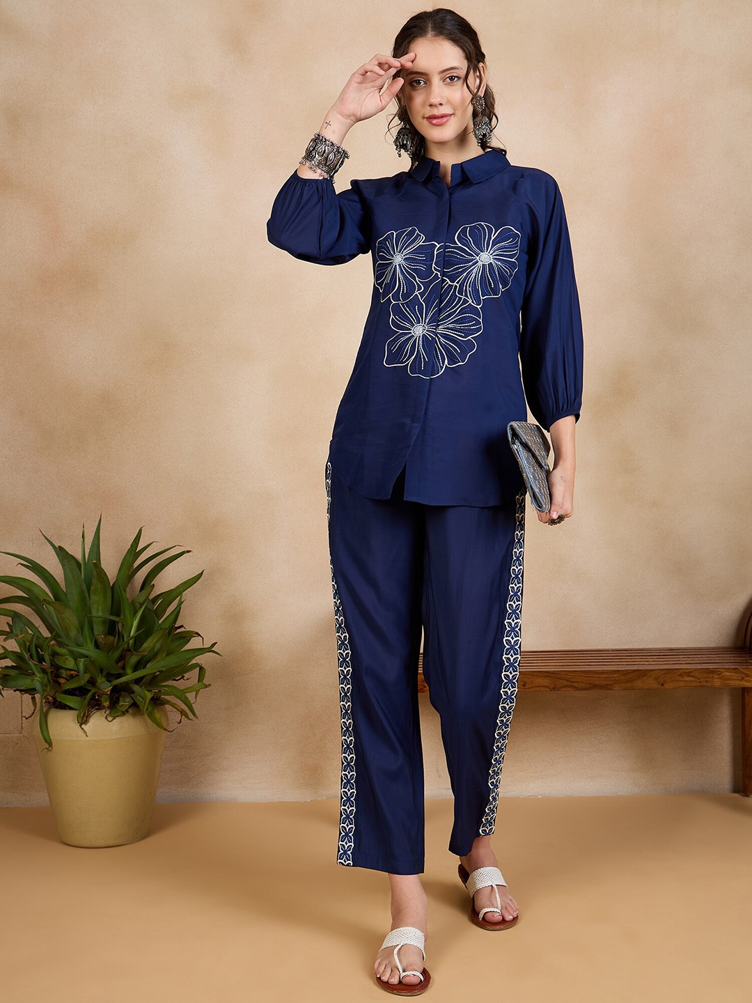 

Anouk Blue Floral Embroidered Thread Work Bishop Sleeves Shirt With Trousers