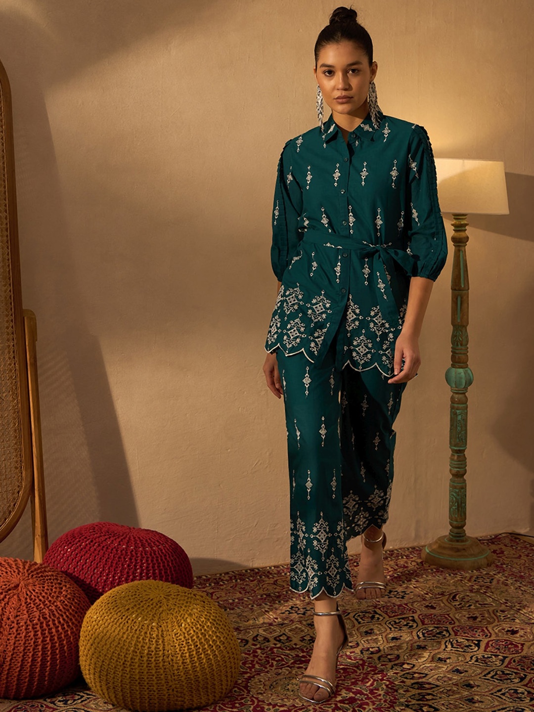 

Anouk Teal Floral Embroidered Thread Work Bishop Sleeves Pure Cotton Shirt With Trousers