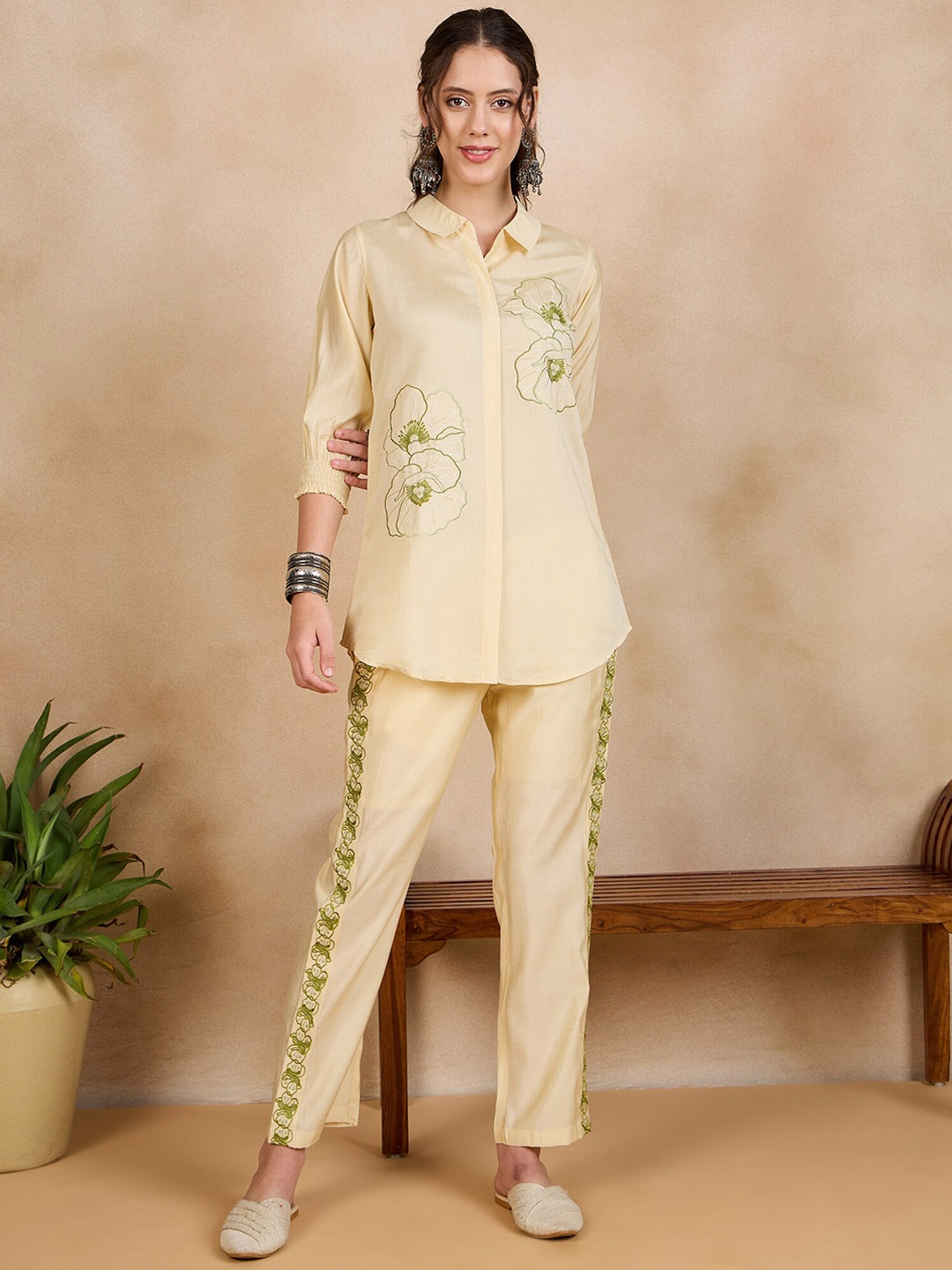 

Anouk Yellow Floral Embroidered Thread Work Bishop Sleeves Shirt With Trousers