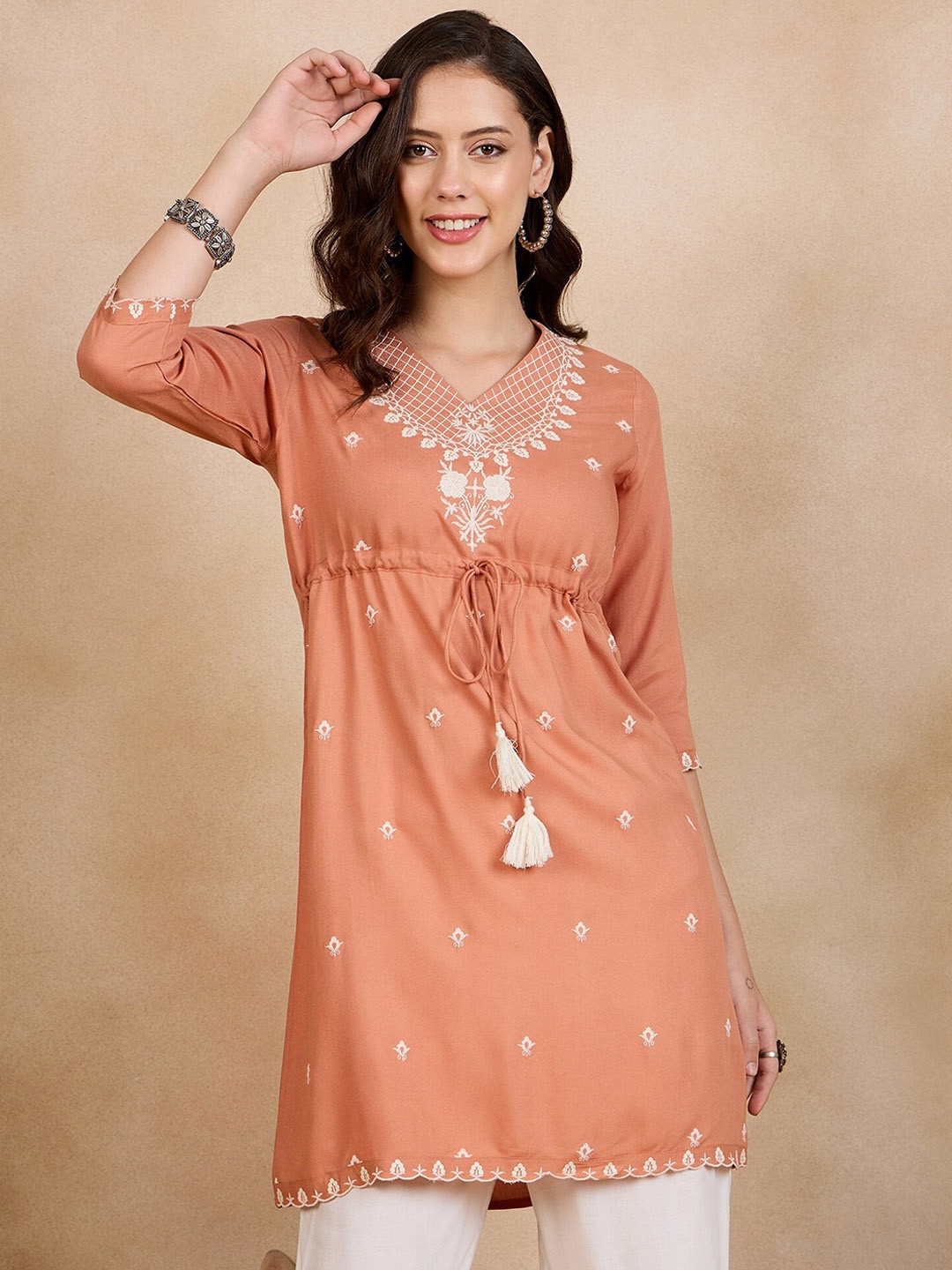 

Anouk Peach Ethnic Motifs Embroidered Thread Work A-Line Short Kurti