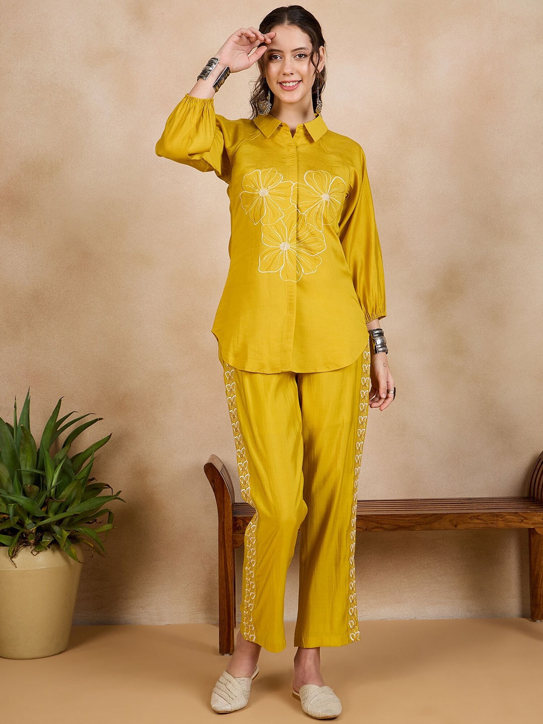 

Anouk Yellow Floral Embroidered Thread Work Bishop Sleeves Shirt With Trousers