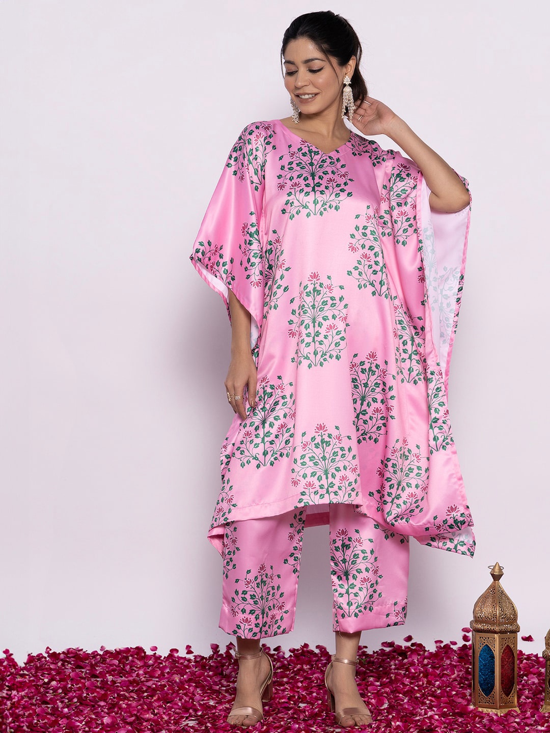 

LetsDressUp Printed V-Neck Satin Kaftan Tunic With Trousers Co-Ords, Pink