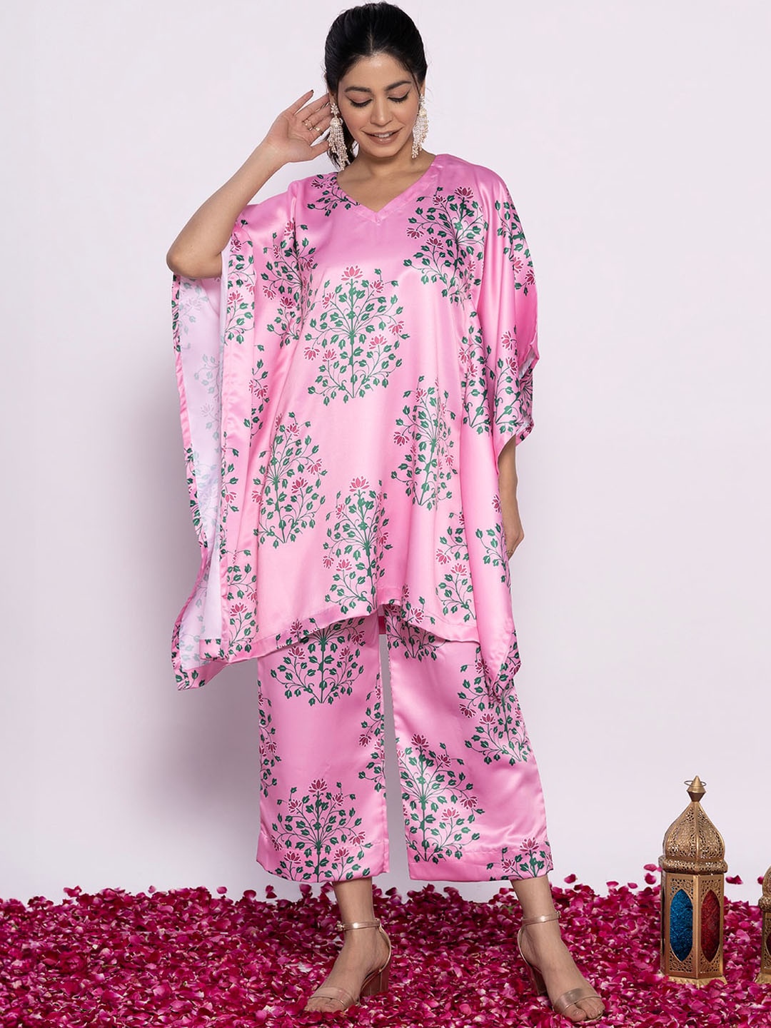 

LetsDressUp Printed V-Neck Satin Kaftan Tunic With Trousers Co-Ords, Pink