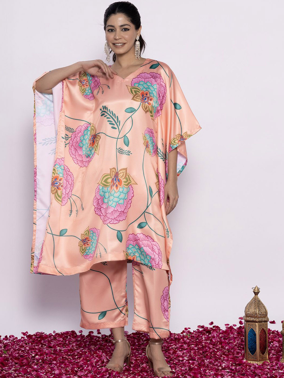 

LetsDressUp Printed V-Neck Satin Kaftan Tunic With Trousers Co-Ords, Peach