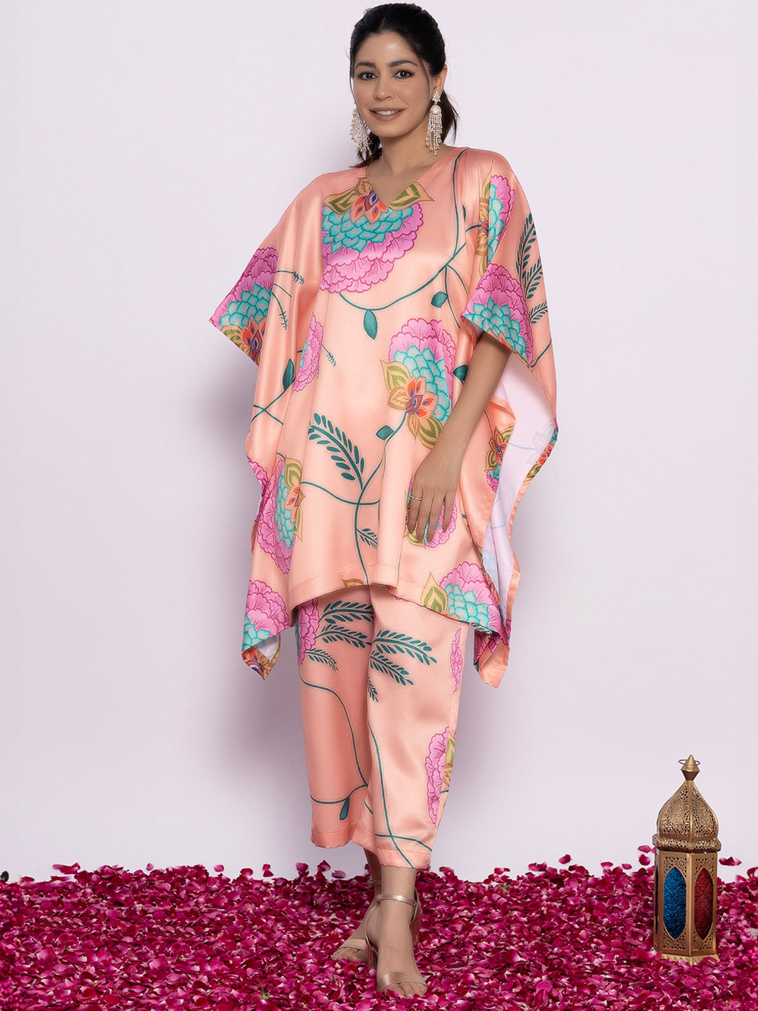 

LetsDressUp Floral Printed V-Neck kimono sleeves Casual Kaftan With Palazzos, Peach