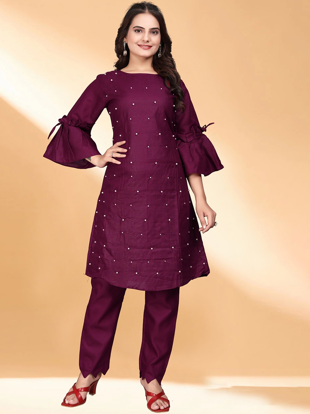 

Anouk Maroon Beads and Stones Embroidered Bell Sleeves A-Line Kurta with Trousers