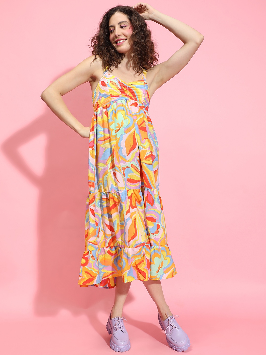 

Oxolloxo Floral Printed Shoulder Straps Sleeveless Empire Midi Dress, Blue