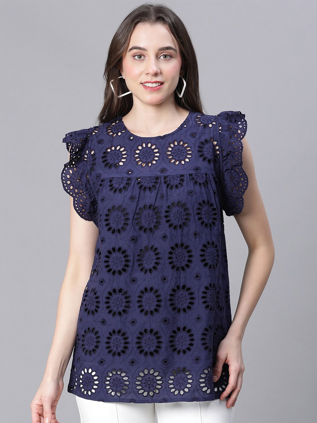 

Oxolloxo Self Design Flutter Sleeve Cotton Schiffli Top, Navy blue