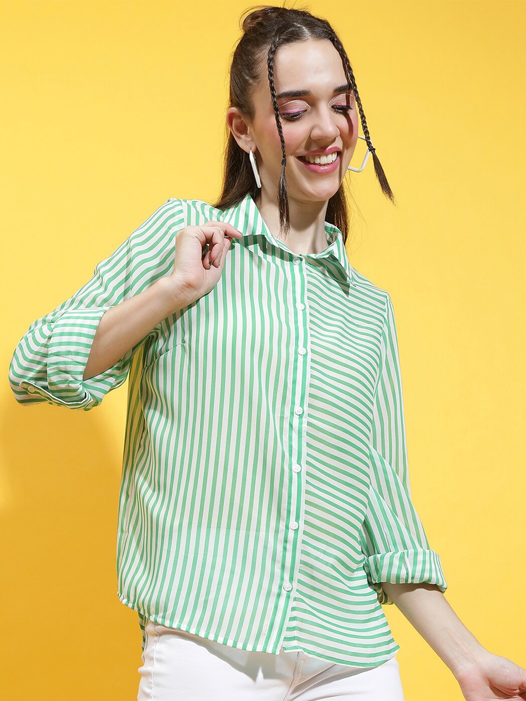 

Oxolloxo Comfort Spread Collar Semi Sheer Striped Casual Shirt, Green