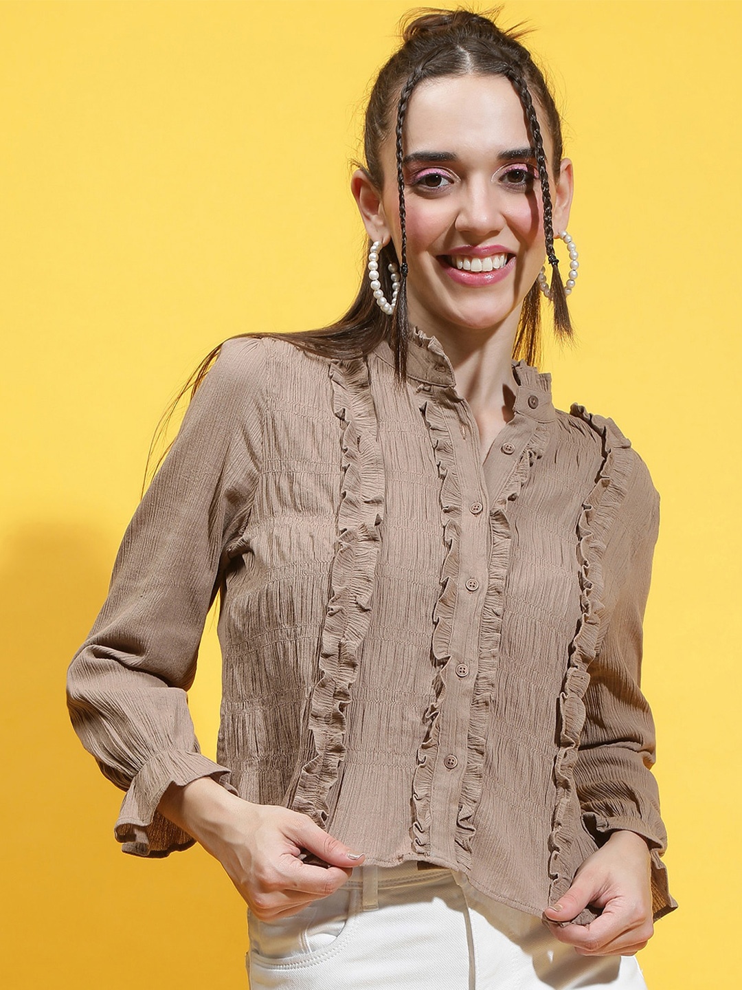 

Oxolloxo Self Design High Neck Flared Sleeves Shirt Style Cotton Top, Brown