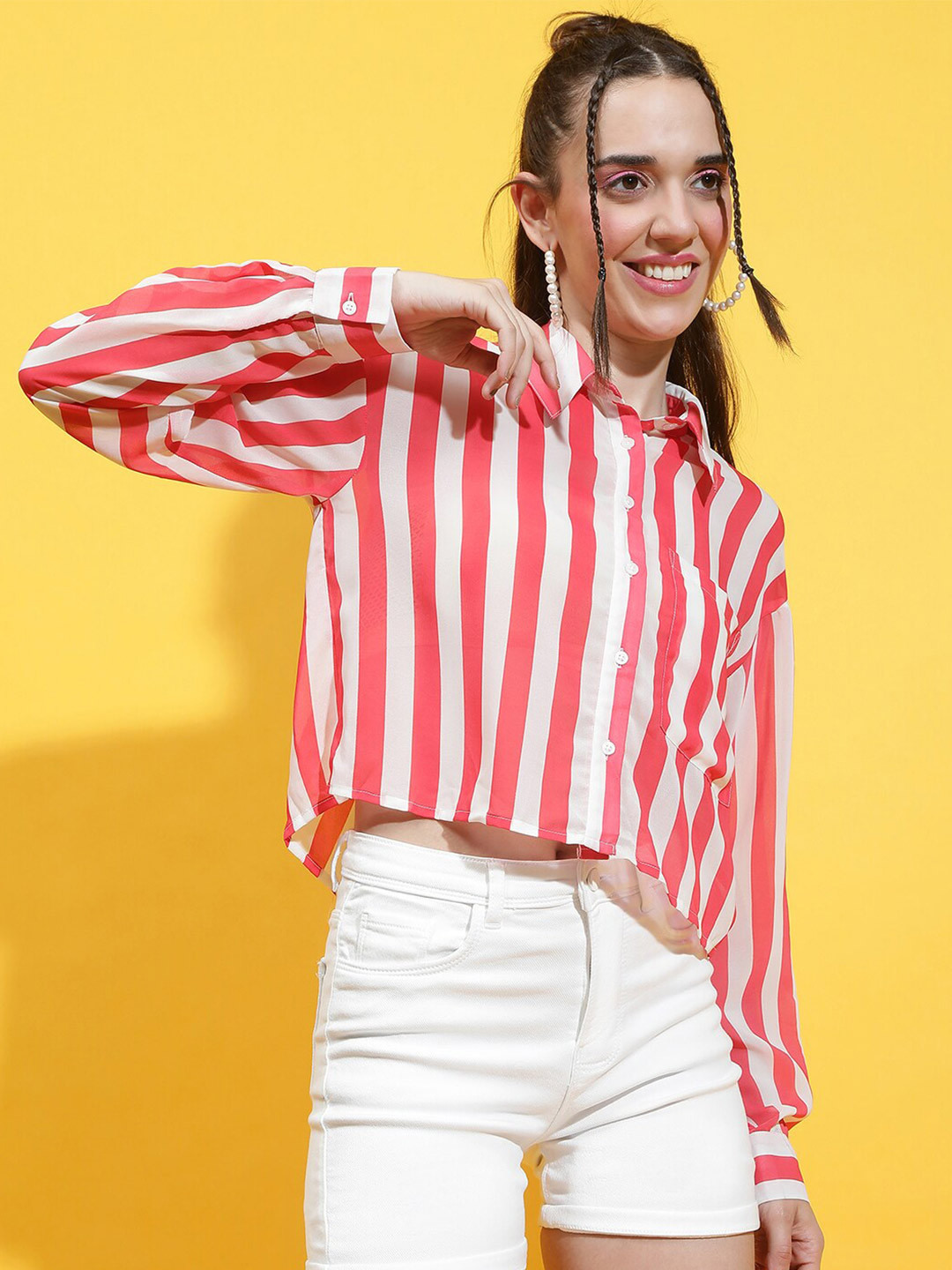 

Oxolloxo Comfort Semi Sheer Striped Casual Shirt, Pink