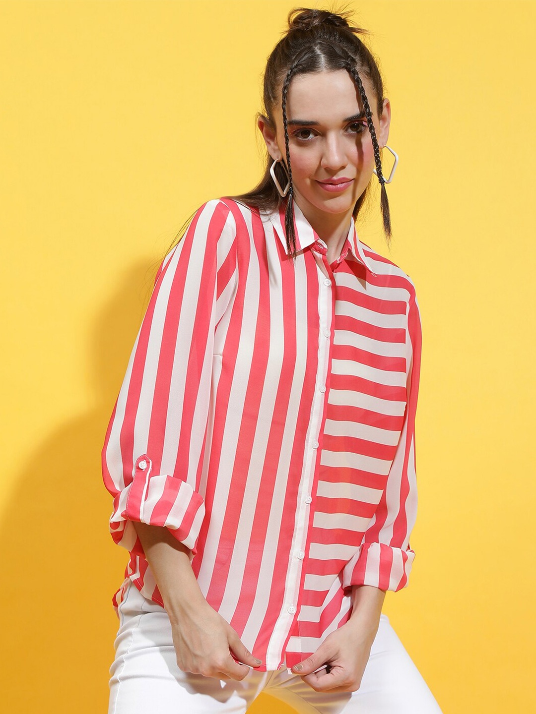 

Oxolloxo Comfort Spread Collar Semi Sheer Striped Casual Shirt, Pink