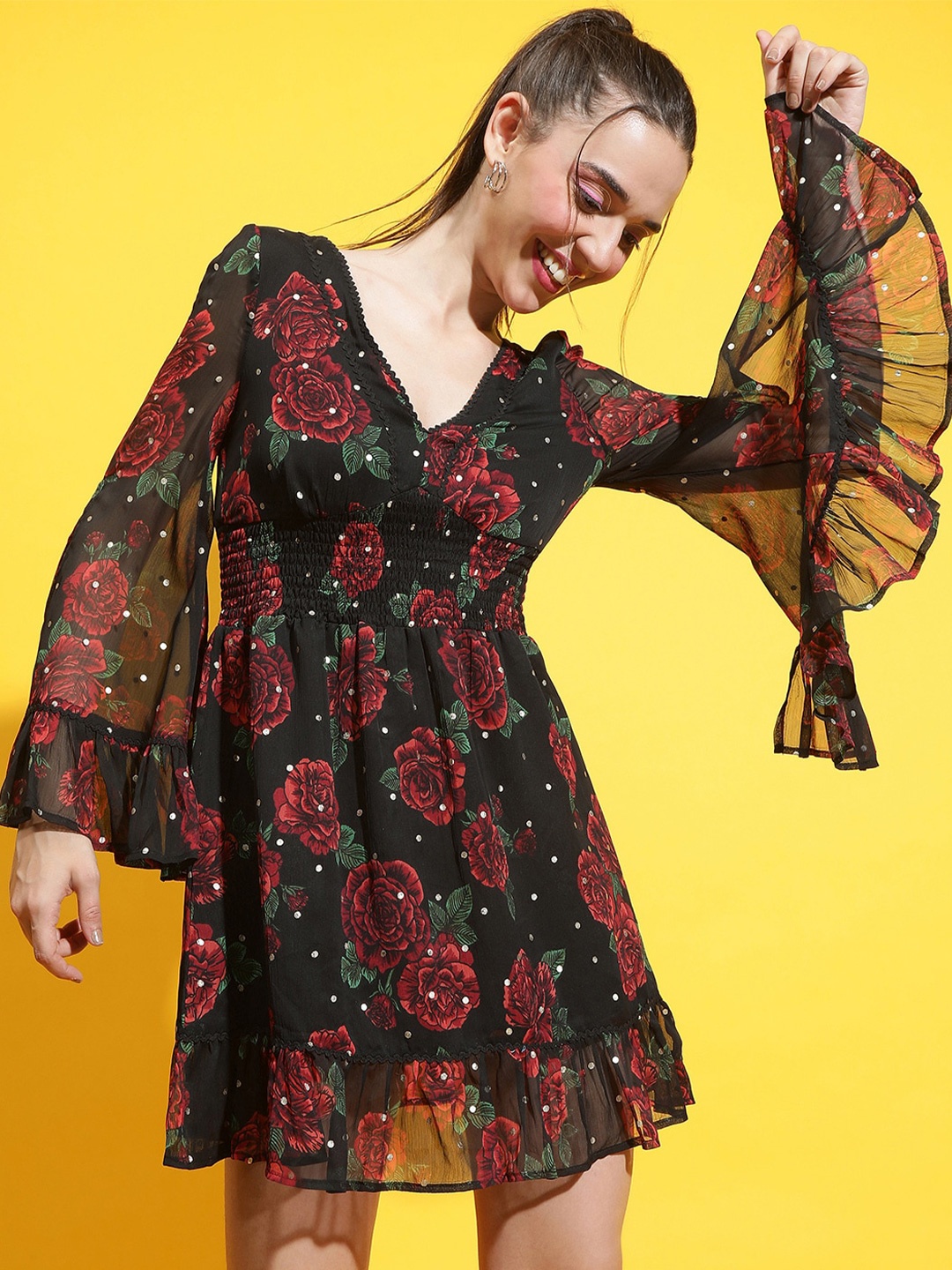 

Oxolloxo Floral Printed Bell Sleeve Fit & Flare Dress, Black