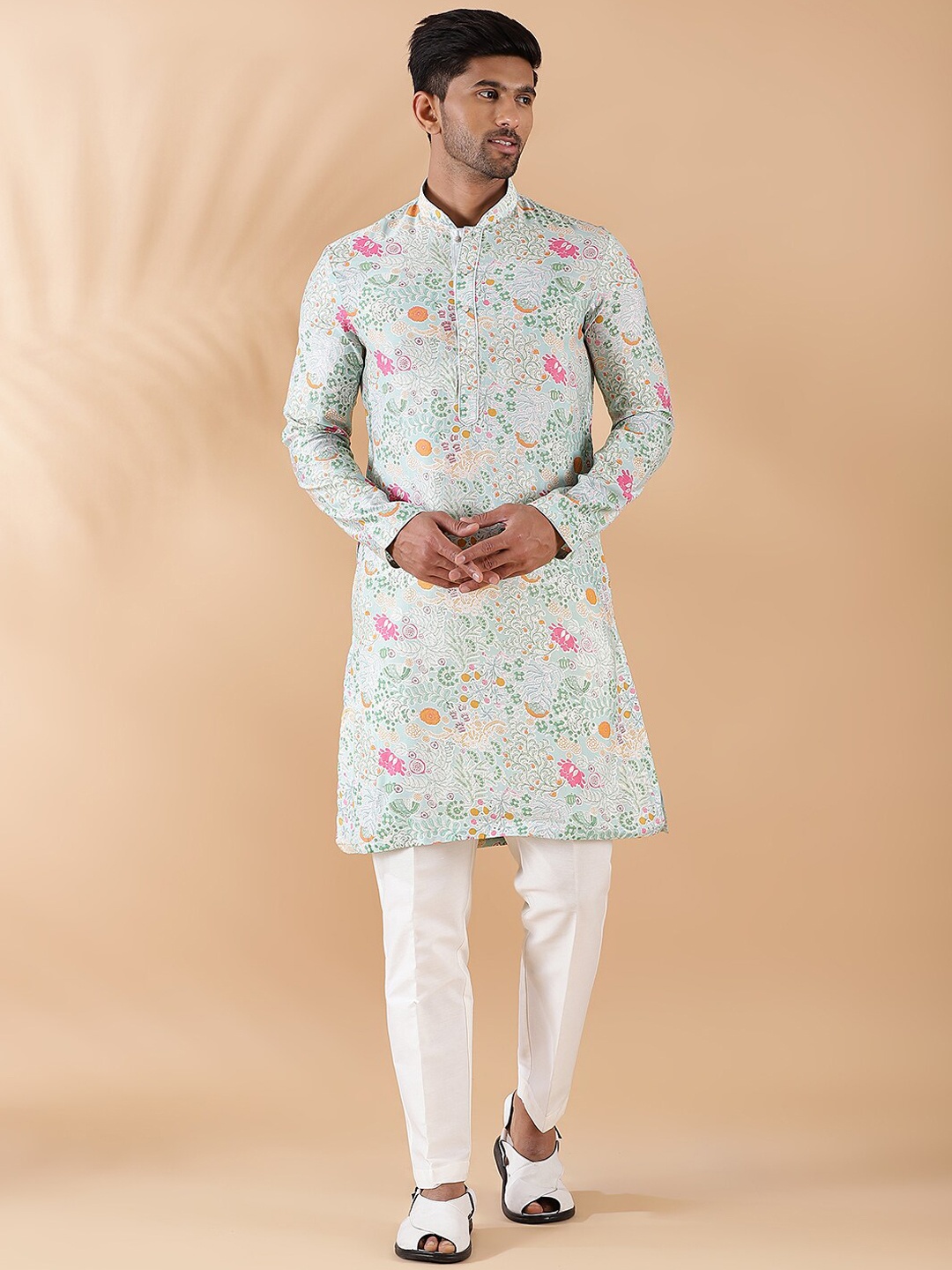 

THE KURTA COMPANY Floral Printed Mandarin Collar Long Sleeves Straight Kurta, Blue