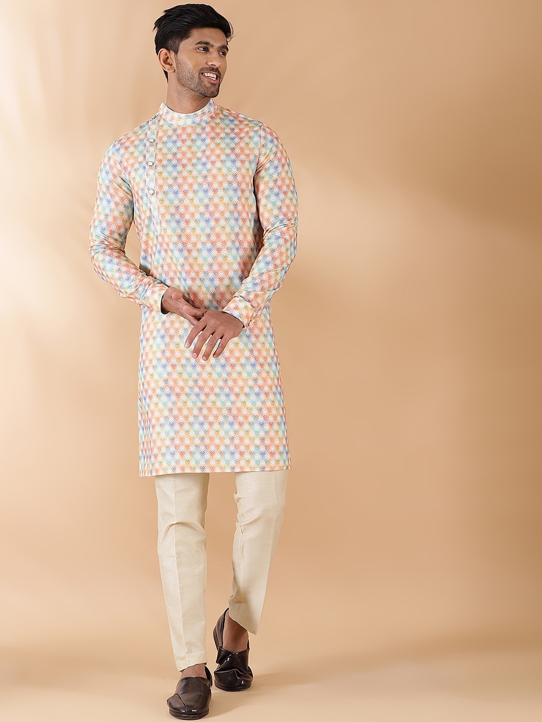 

THE KURTA COMPANY Ethnic Motifs Printed Mandarin Collar Long Sleeves Straight Kurta, Cream