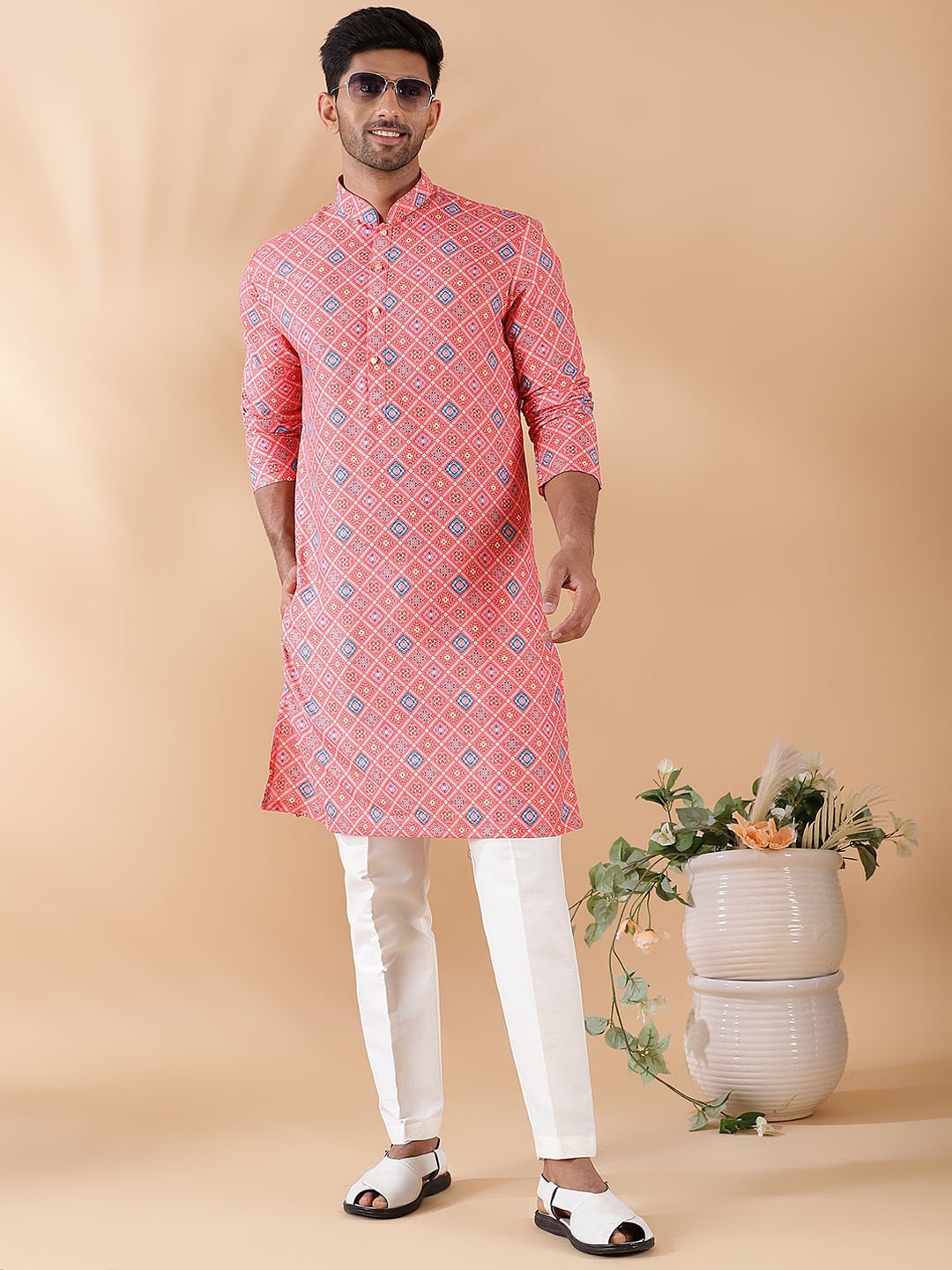 

THE KURTA COMPANY Ethnic Motifs Woven Design Printed Thread Work Kurta, Peach