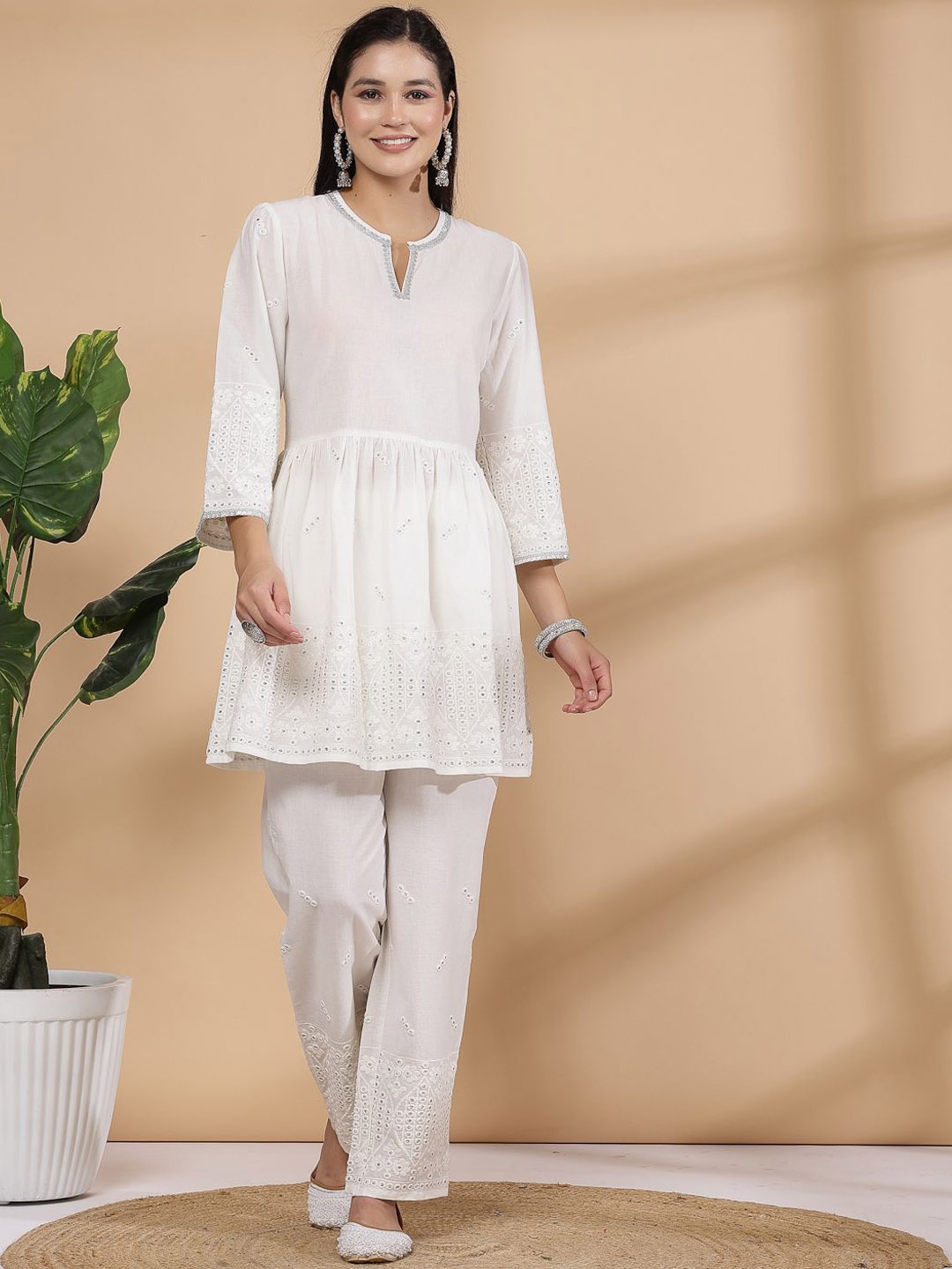 

Nayam By Lakshita Schiffli Notch Neck Casual Tunic With Trousers, White