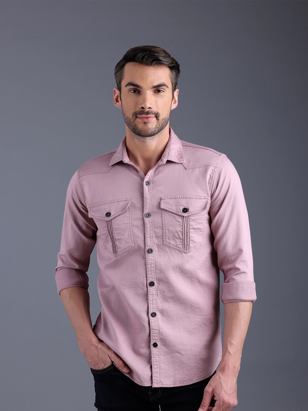 

FILO HEVIS Men Double Pocket Cotton Cargo Shirt, Pink