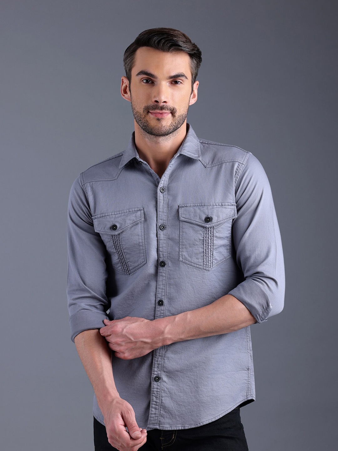 

FILO HEVIS Double Pocket Cotton Cargo Shirt, Grey