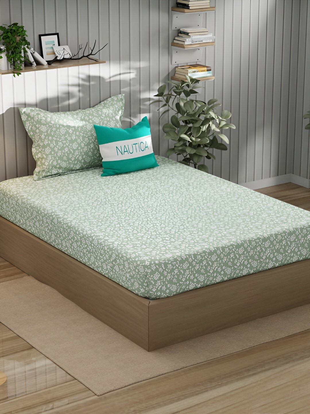 

Nautica Green & White Floral 250 TC Single Bedsheet with 1 Pillow Covers