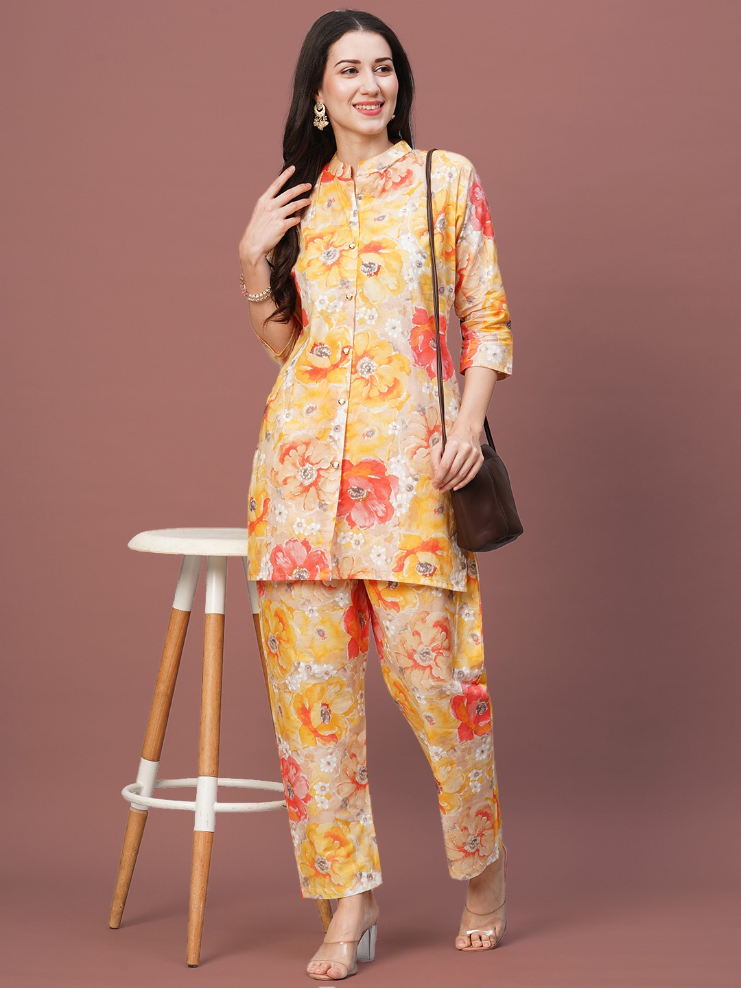 

Kiana Floral Printed Mandarin Collar Pure Cotton Casual Tunic & Trousers, Yellow