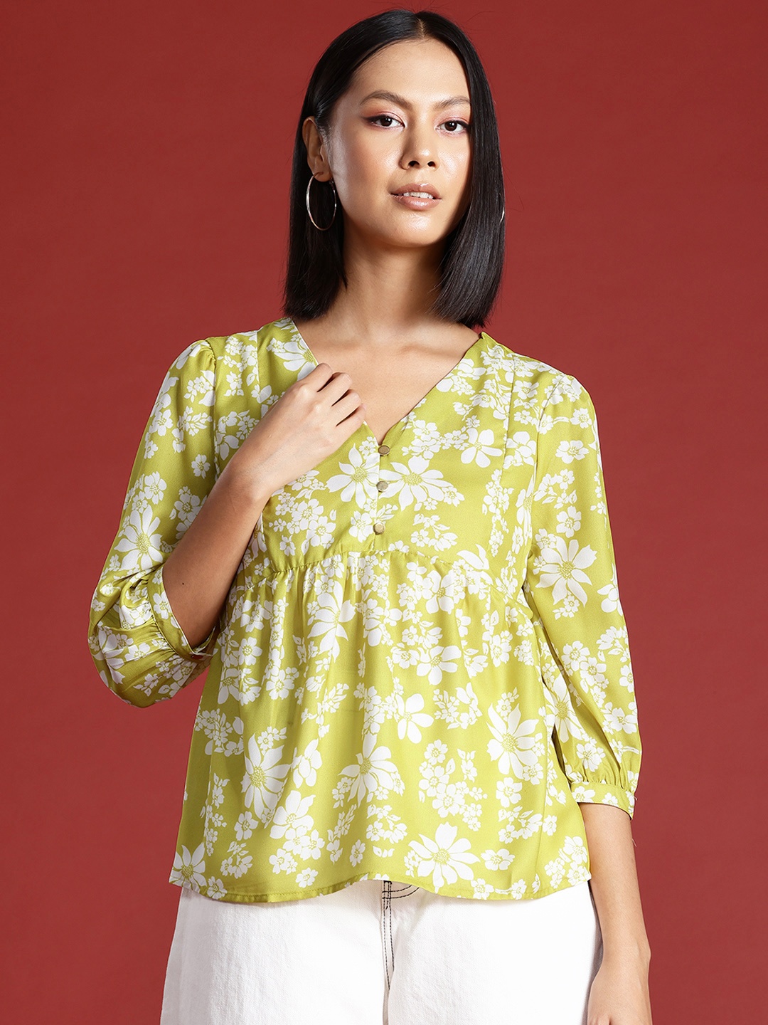 

all about you Floral Printed Puff Sleeve A-Line Top, Green