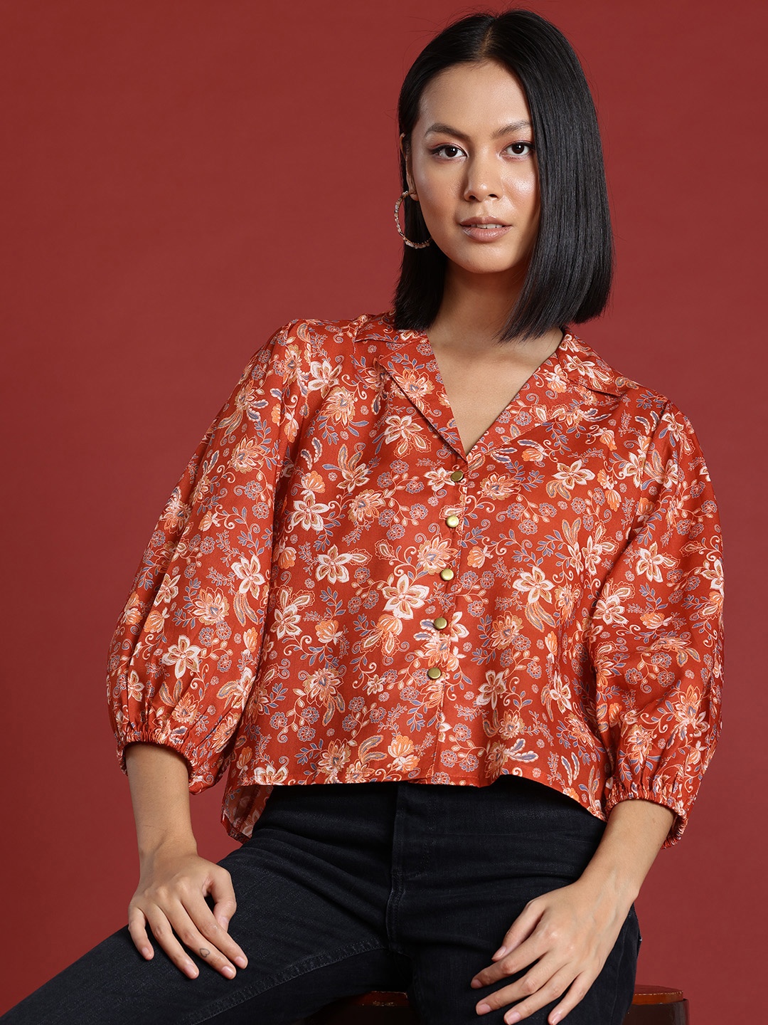 

Routes by All About You Floral Print Puff Sleeve Shirt Style Top, Rust