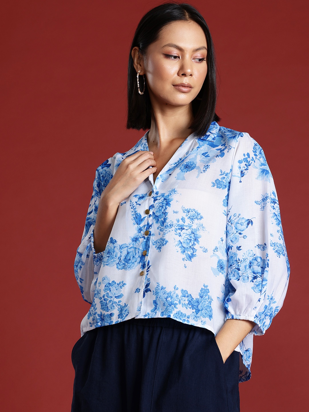 

all about you Floral Print Puff Sleeve Shirt Style Top, White