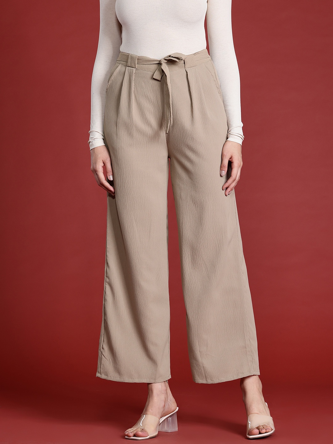 

All About You Formals Women Textured Pleated Trousers with Belt, Taupe