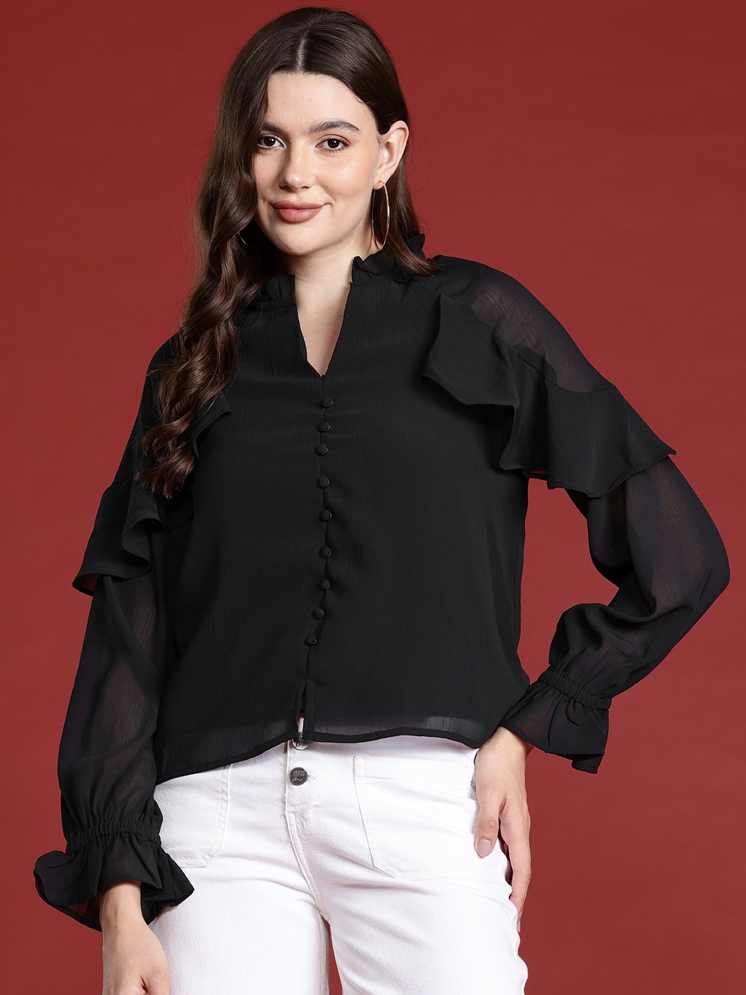 

all about you Puff Sleeve Ruffles Top, Black