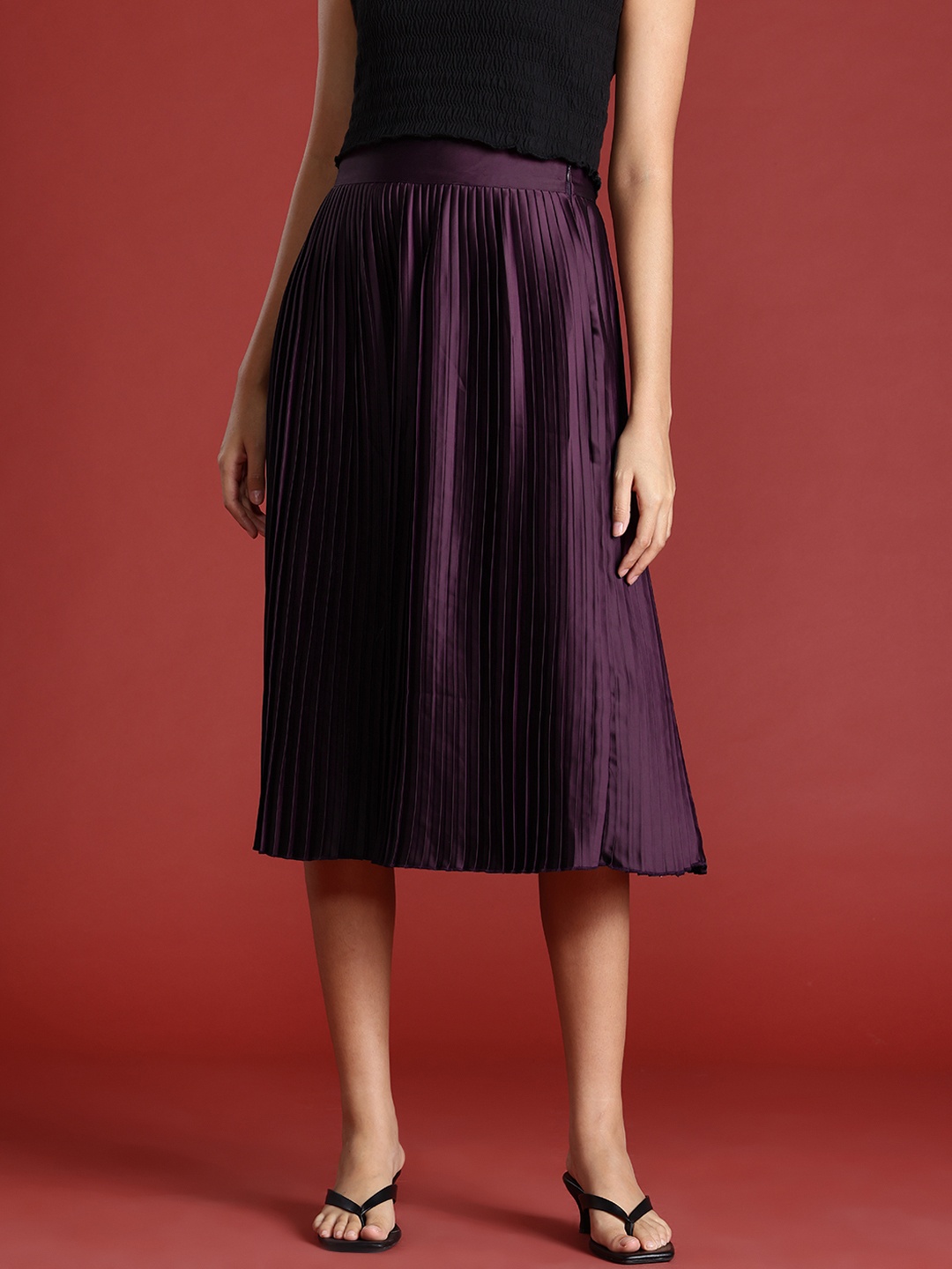 

all about you Women Accordion Pleats High Waist Midi Skirt, Burgundy