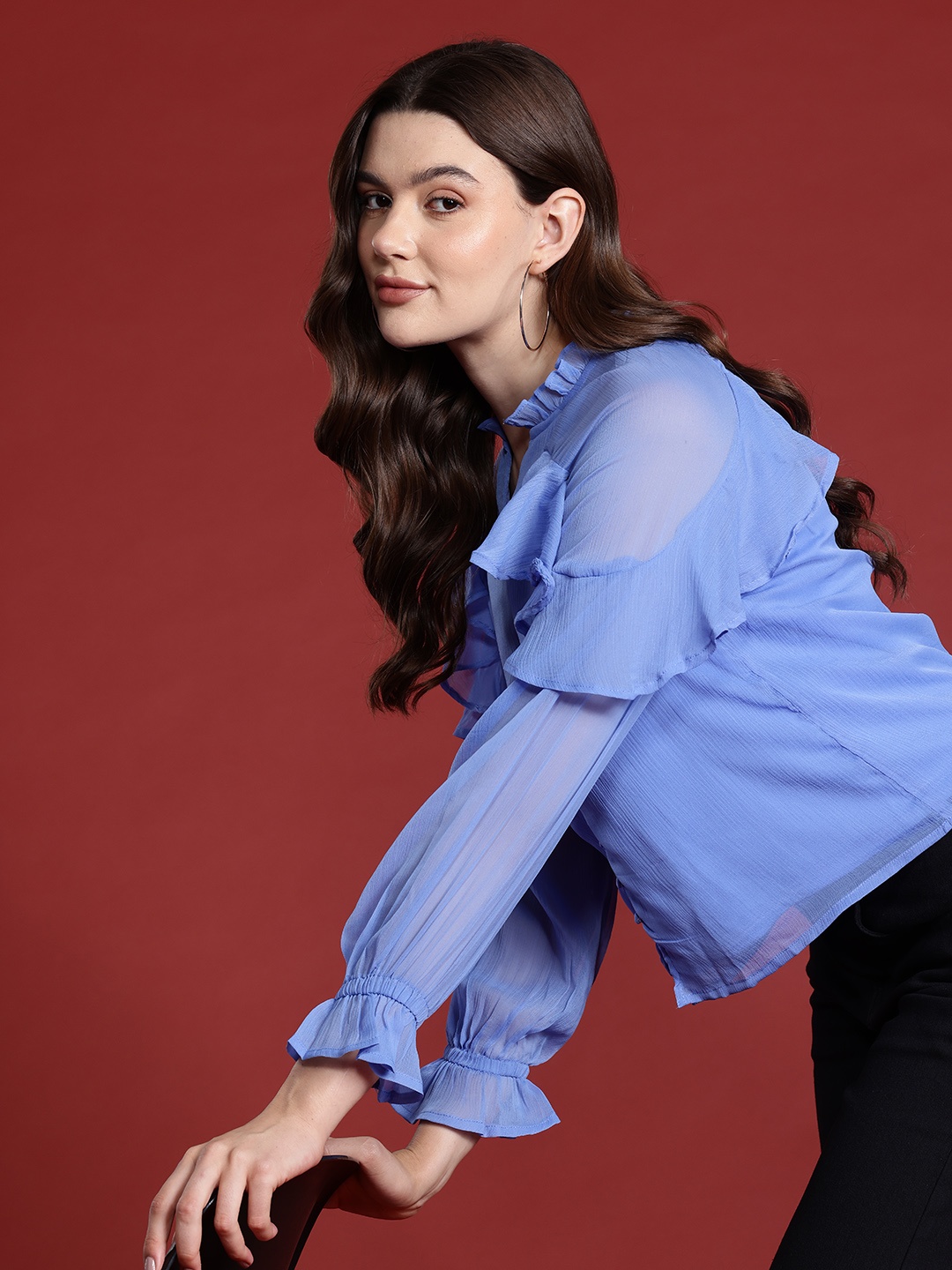 

all about you Puff Sleeve Ruffles Top, Blue