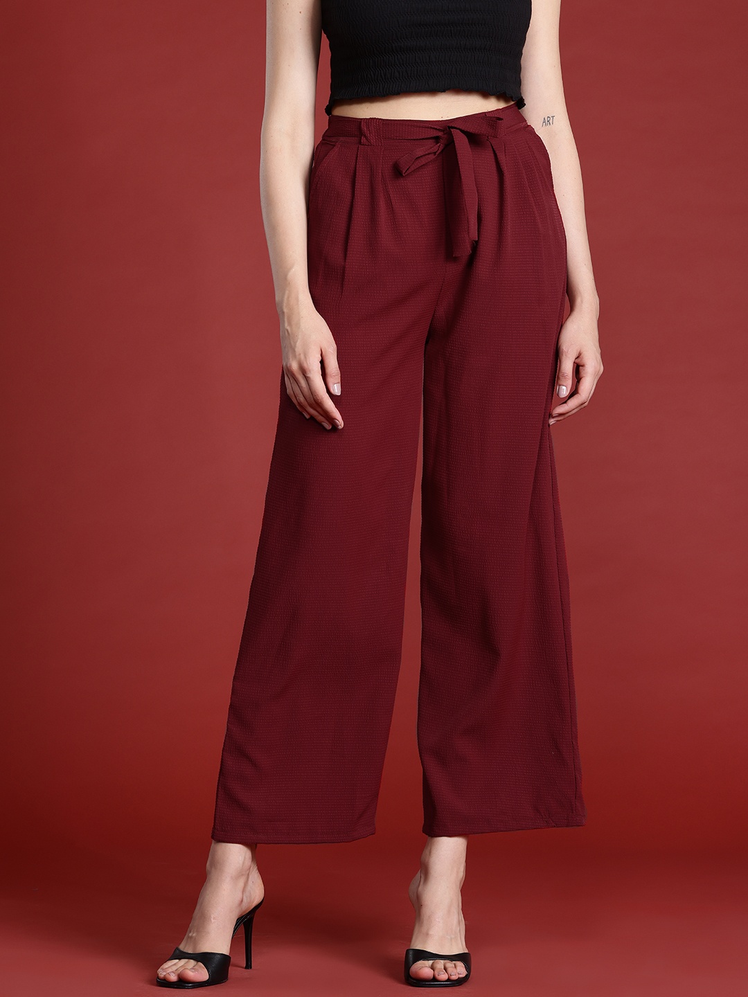 

all about you Women Textured Pleated Trousers with Belt, Maroon