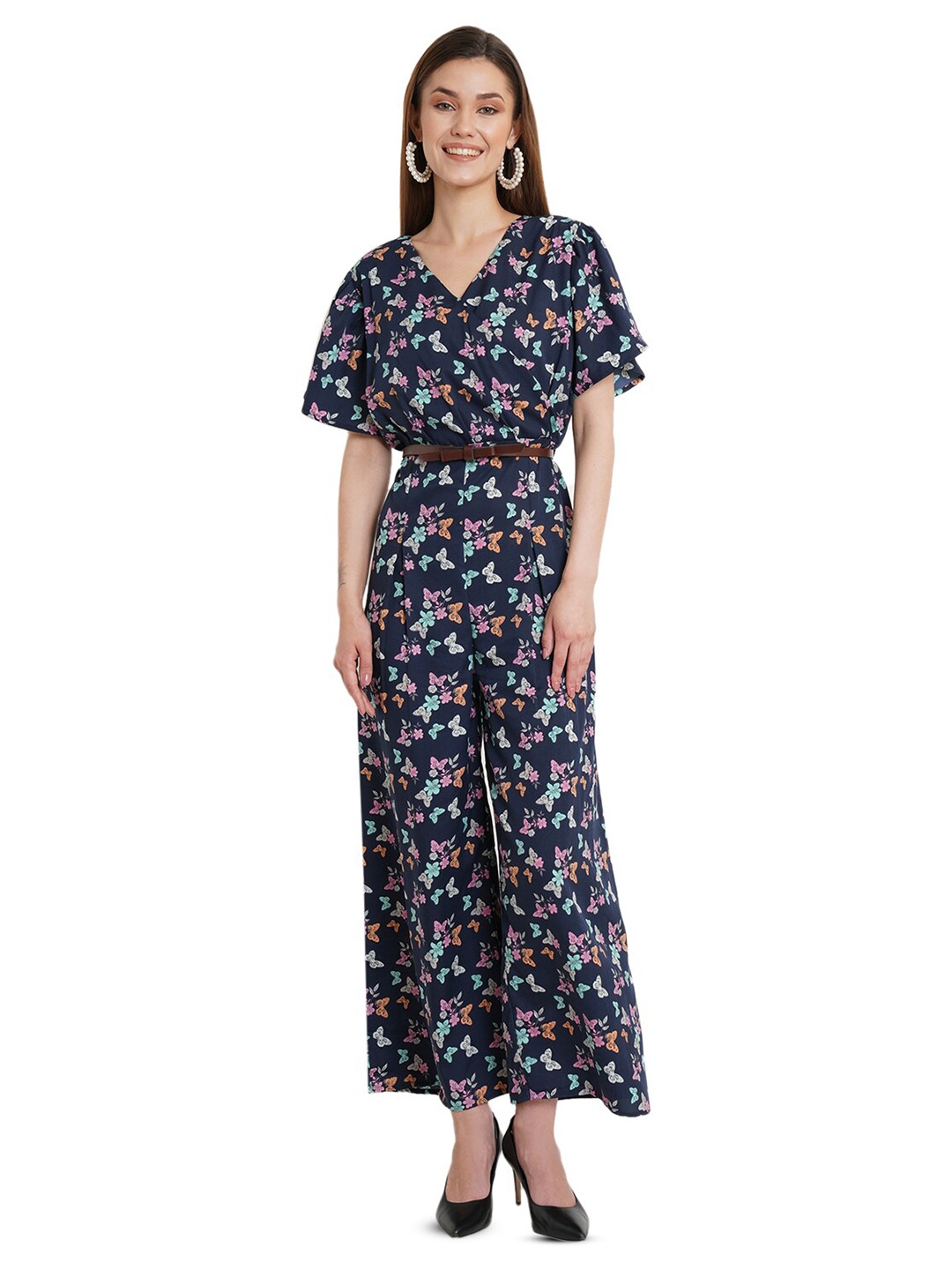 

BAESD Floral Printed Culotte Jumpsuit, Navy blue