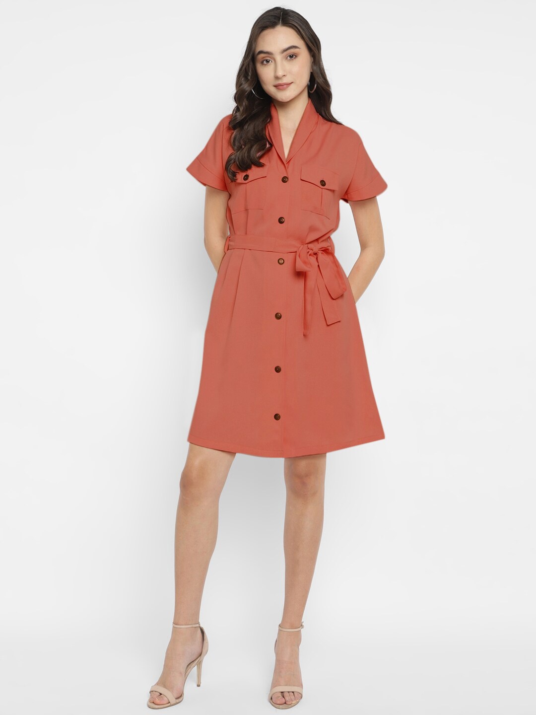 

Taurus V-Neck Short Sleeves Shirt Dress, Rust