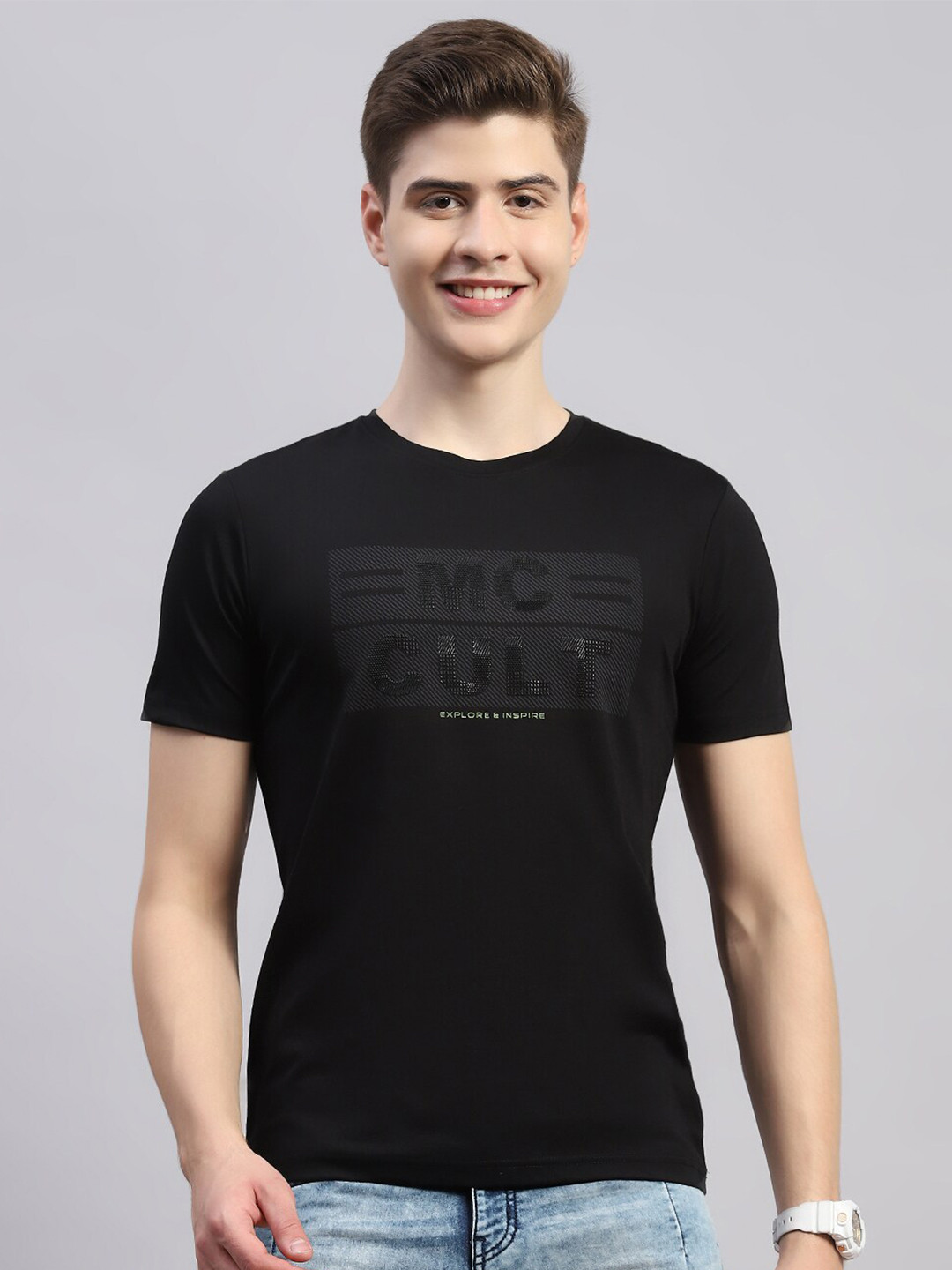 

Monte Carlo Round Neck Typography Printed Cotton T-shirt, Black