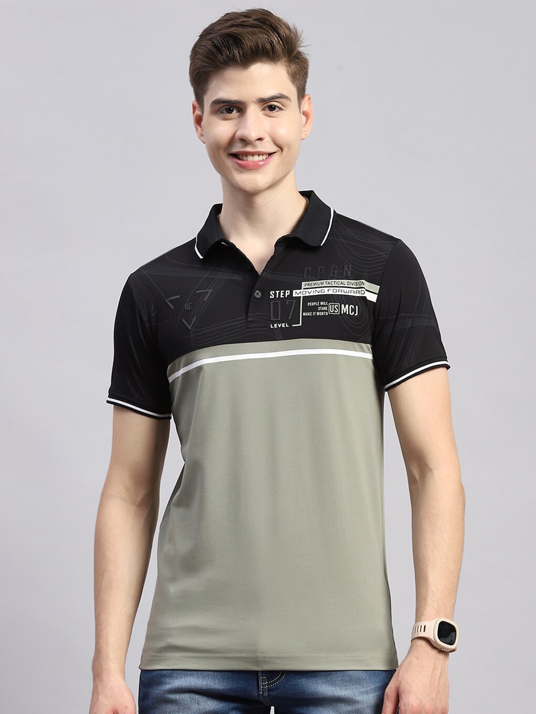 

Monte Carlo Polo Collar Colourblocked Cotton T-shirt, Green