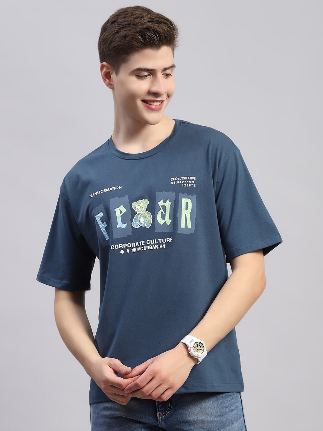 

Monte Carlo Round Neck Typography Printed Cotton T-shirt, Teal
