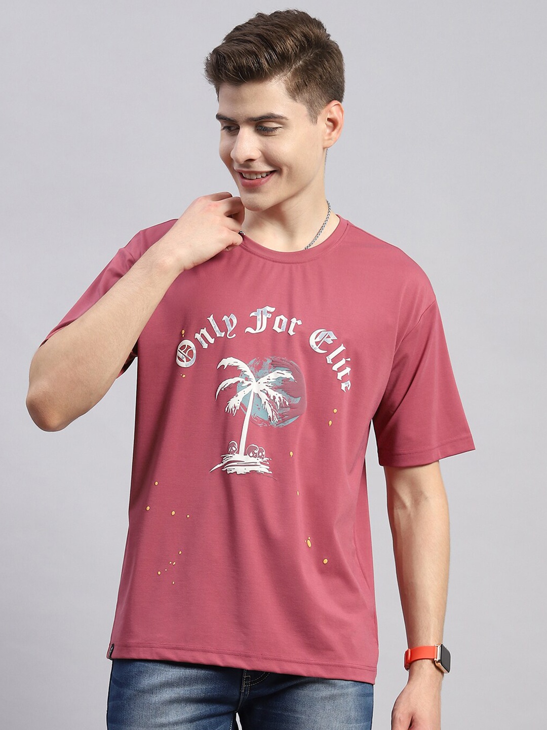 

Monte Carlo Round Neck Typography Printed Tropical Cotton T-shirt, Pink
