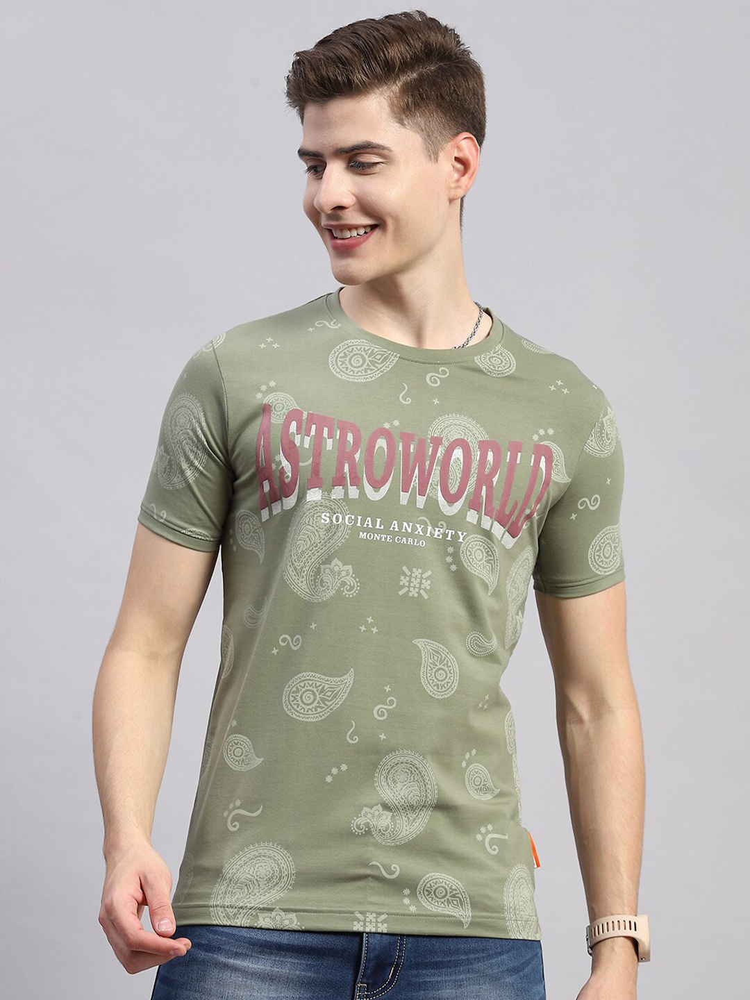 

Monte Carlo Round Neck Camouflage Printed T-shirt, Olive