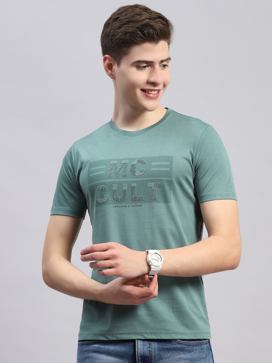 

Monte Carlo Round Neck Typography Printed Cotton T-shirt, Green