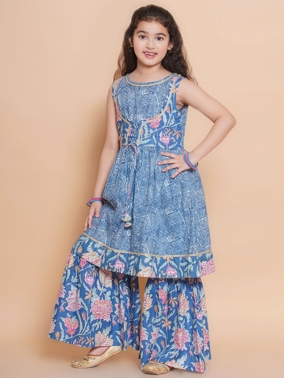 

Bitiya by Bhama Girls Floral Printed Round Neck Sleeveless Pure Cotton Kurta with Sharara, Blue