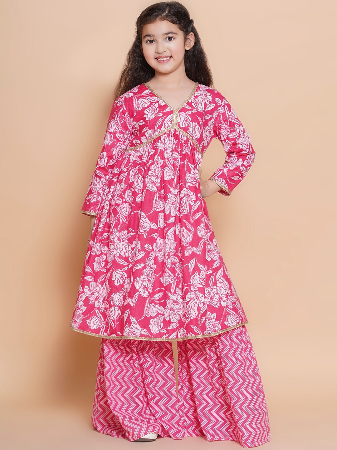 

Bitiya by Bhama Girls Floral Printed Empire Gotta Patti Pure Cotton Kurta with Sharara, Pink