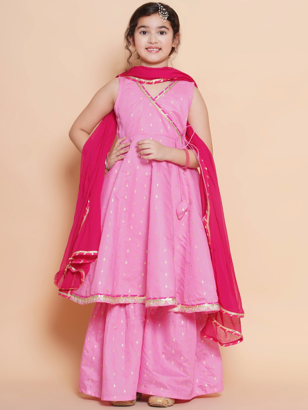 

Bitiya by Bhama Girls Ethnic Motifs Angrakha Pure Cotton Kurta with Sharara & Dupatta, Pink