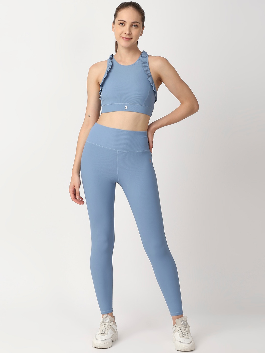 

BODD ACTIVE High-Rise Ruffles Sports Bra With Tights, Blue