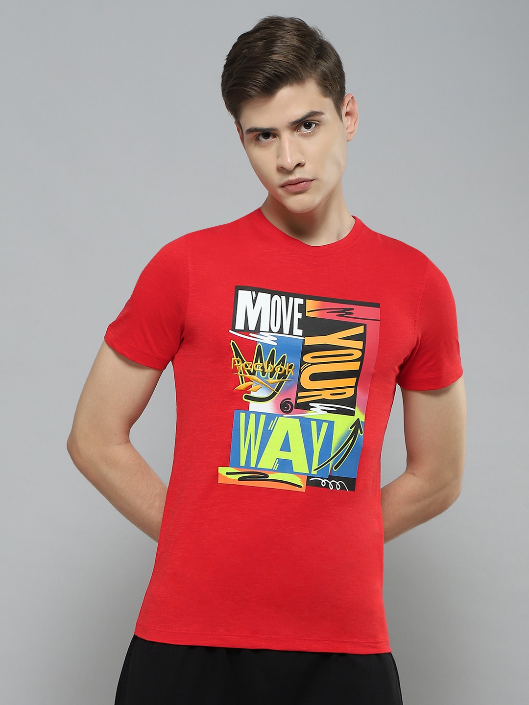 Reebok Typography Printed Pure Cotton Slim Fit SKATE T-shirt, Red