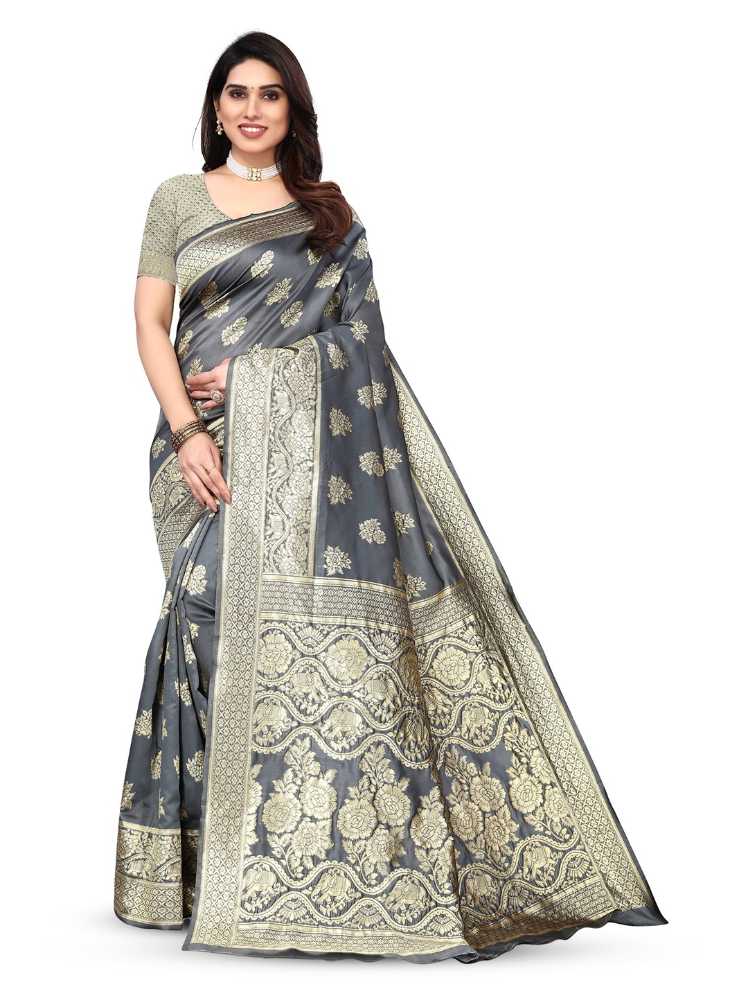 

KALINI Ethnic Motifs Zari Art Silk Banarasi Saree, Grey