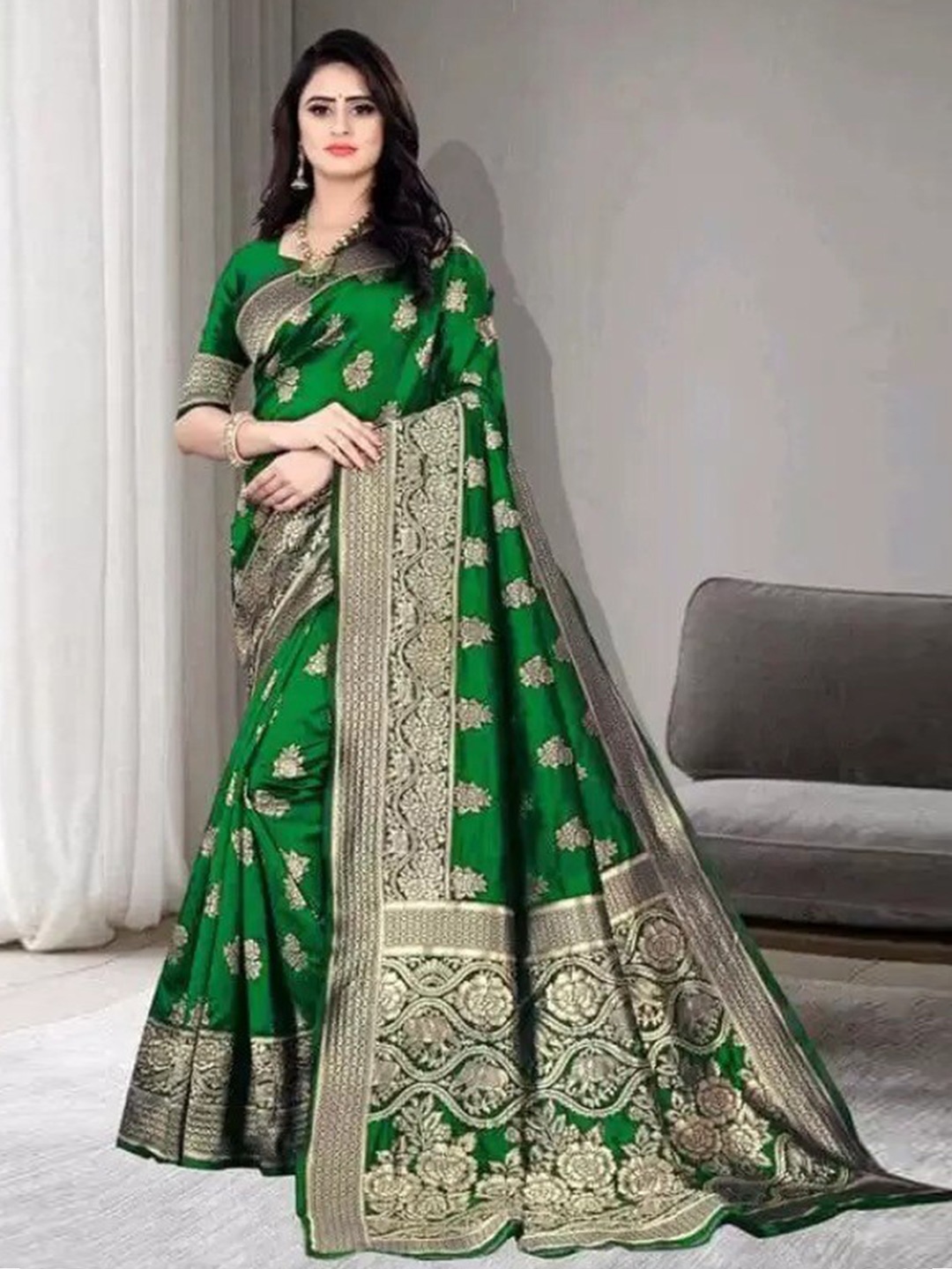 

KALINI Ethnic Motifs Zari Pure Silk Banarasi Saree, Green